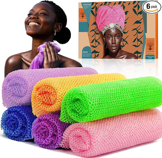 4 Pieces African Net Sponge – Premium African Net Sponge for Deep Exfoliation Quick-Dry and Reusable Mesh for Smooth Skin(Purple, Purple, Pink, Orange, Blue, Green)