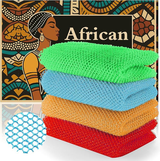 African Net Sponge (4-Pack) - Premium Exfoliating Body & Face Scrubber, Travel-Ready, Durable, Gentle Exfoliation Tool(Red,Orange,Sky Blue,Green)