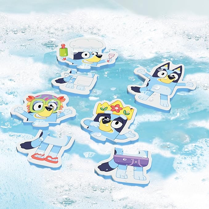 Tomy Toomies Bluey Bath Puzzle - Mix and Match Bluey Puzzle - Foam Toddler Bath Toys - Includes Mesh Bag Bath Toy Storage with Suction Cups - 8 Count - 18 Months and Up