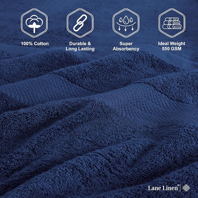 LANE LINEN Cotton Bath Towel Set - 18 Piece - Low Twist, Soft & High Absorbency - 4 Bath, 8 Wash Cloth, 6 Hand Towels - Classic Hotel Quality, Durable & Ideal for Modern Bathrooms - Navy Blue