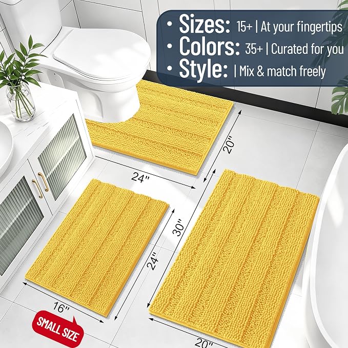 Smiry Thick Chenille Toilet Rugs U-Shaped 24x20, Extra Soft Absorbent Striped Contour Bathroom Rugs, Machine Washable, Dry Quickly, Bath Mat, Yellow