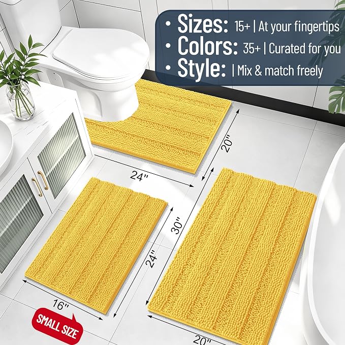 Smiry Thick Chenille Bathroom Runner Rugs 70x24, Absorbent Striped Bath Mat, Machine Washable, Rubber Backing, Extra Long Bath Rugs for Tub & Shower, Modern Home Decor Accessories, Yellow