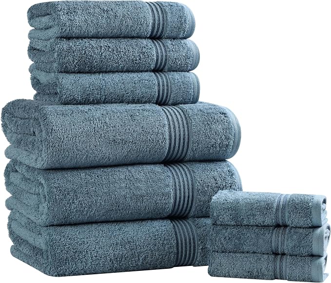 Superior Egyptian Cotton 9-Piece Towel Set, Assorted Towels for Home Bathroom, Guest Bath Decor Essentials, Includes 3 Bath, 3 Hand, 3 Face Towels/Washcloths, Quick Dry, Absorbent - Sapphire