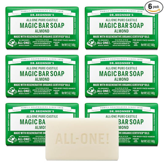 Dr. Bronner's - Pure-Castile Magic Bar Soap (Almond, 5 oz, 6-Pack) - Made with Regenerative Organic Certified Oils- For Face, Body & Hair, Gentle, Vegan Bath Soaps for Men & Women, Non-GMO