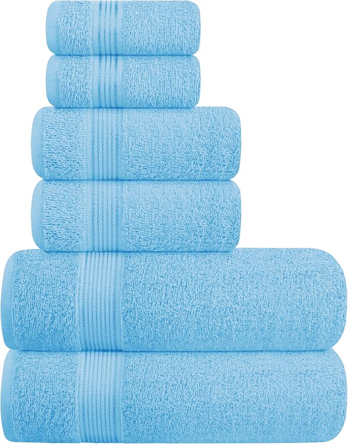Belizzi Home Ultra Soft 6 Pack Cotton Towel Set, Contains 2 Bath Towels 28x55 inch, 2 Hand Towels 16x24 inch & 2 Wash Coths 12x12 inch, Ideal for Everyday use, Compact & Lightweight - Sky Blue