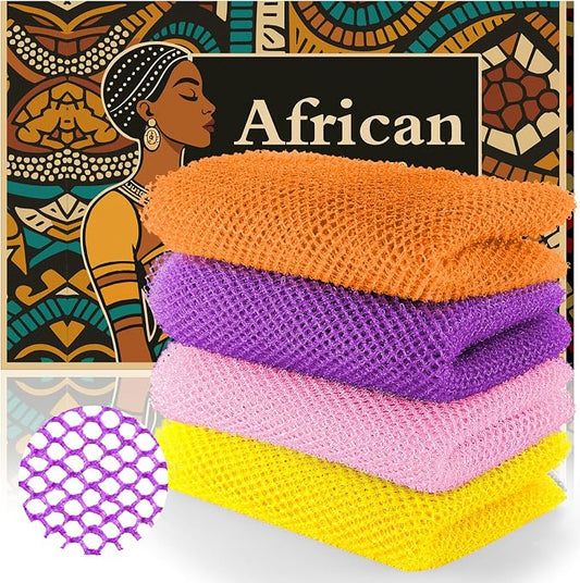 4-Pack Authentic African Net Sponge - Exfoliating Body & Face Scrubber, Travel Portable, Durable & Gentle Exfoliation(Yellow,Pink,Purple,Orange)