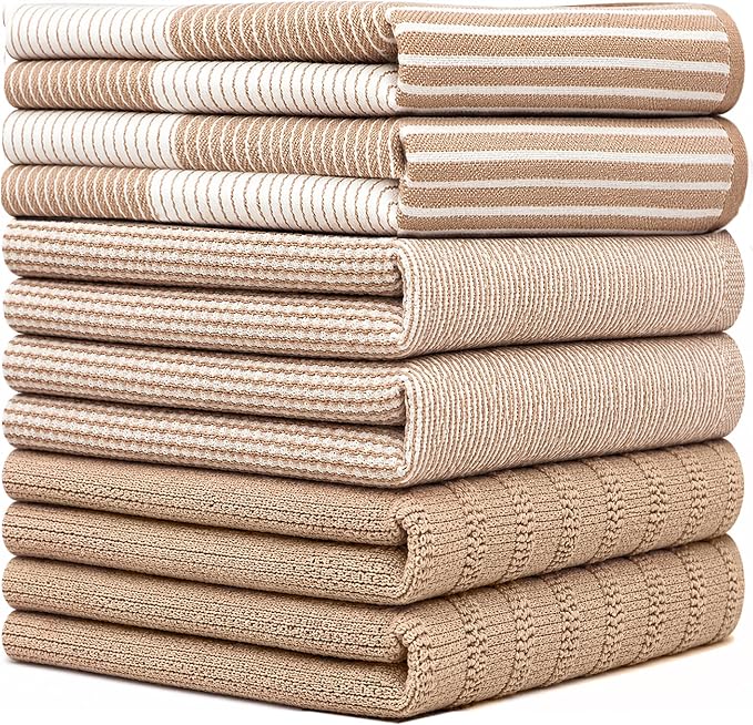 Premium Kitchen Towels (20”x 28”, 6 Pack) | Large Cotton Dish Towels | Flat & Terry Highly Absorbent Kitchen Linen Set with Hanging Loop | Tan