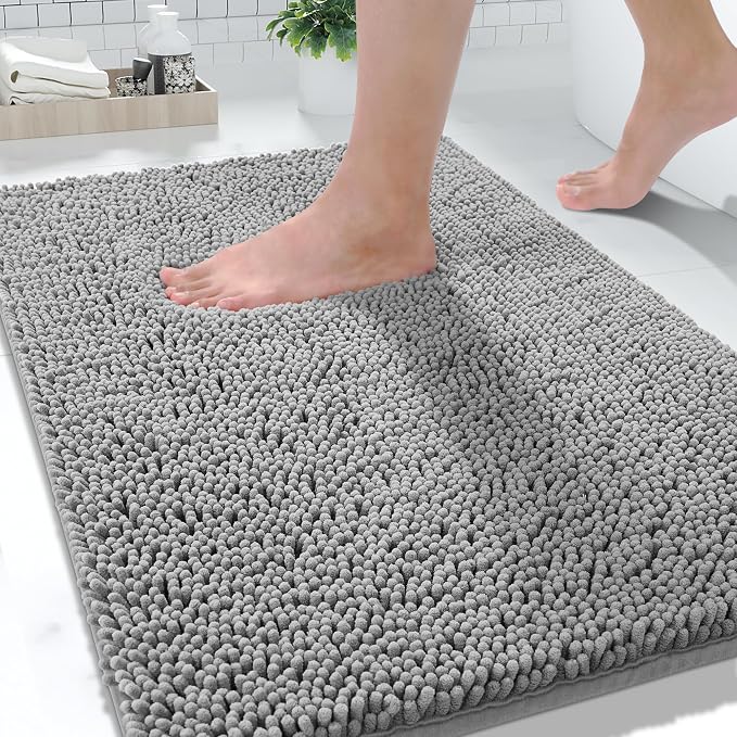 Yimobra Washable Bathroom Rugs, Super Soft & Absorbent Chenille Bath Mat for Floor & Carpet, Quick Dry Non Slip Bath Mat for Tub Shower, 32"x20",Gray