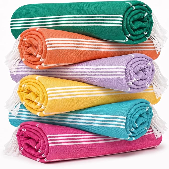 HAVLULAND Turkish Beach Towel, Oversized 72x40 Turkish Cotton, Set of 6 | Sand Free, Quick-Dry, Absorbent Bath Towel, Lightweight Blanket & Compact for Travel, Beach, Pool, Gym, Spa