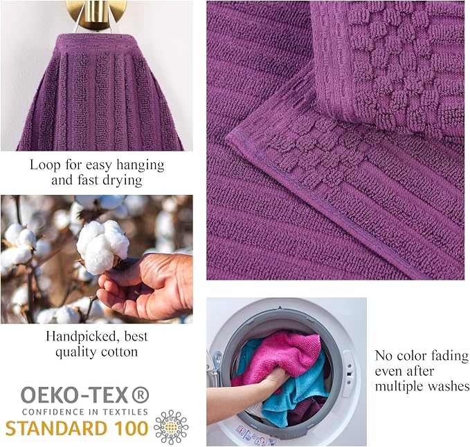 Cotton 2-Piece Solid and Ribbed Bath Towel Set, Bath Towels- 27" x 54", Plum by Superior