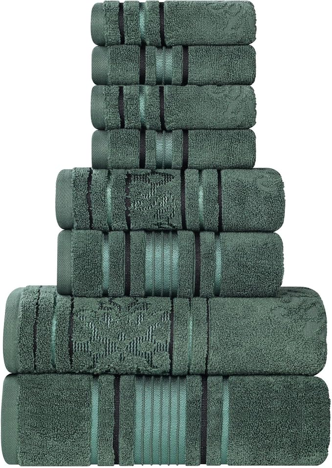Superior Cotton 8 Piece Assorted Floral Towel Set, 2 Bath, 2 Hand, 4 Washcloth/Face Towels, Quick Dry, Home Essentials, Shower, Spa, Luxury Plush Soft Absorbent Towels, Zero Twist, Forest Green