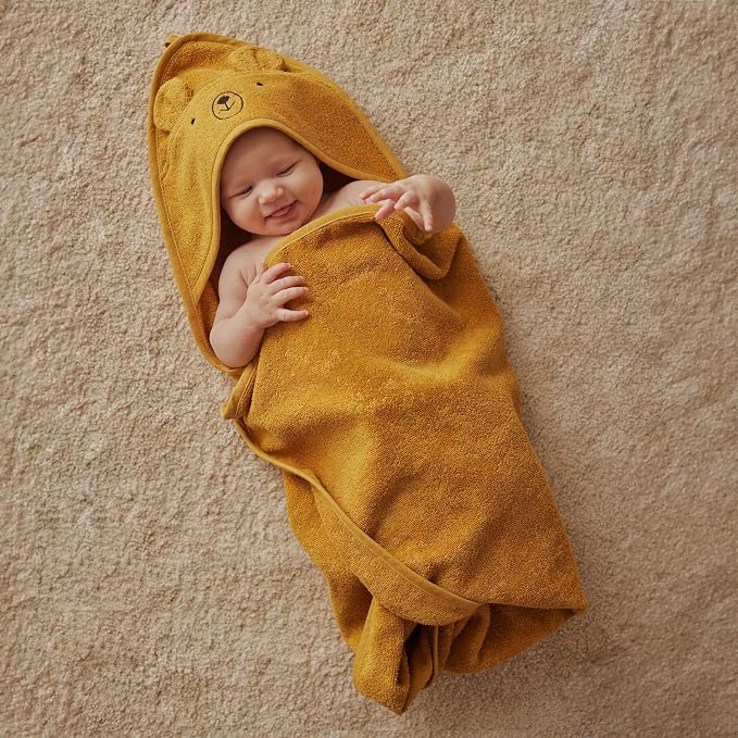 Hooded Baby Towel – 100% Organic Cotton Baby Bath Towels – Baby Boy and Girl Newborn Essentials - Super-Soft and Absorbent. (Bear - Autumn Yellov)