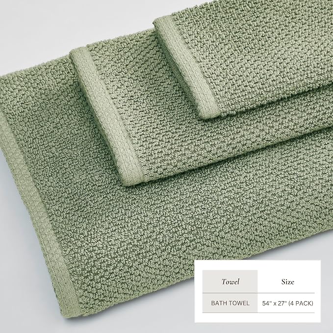 Great Bay Home 100% Cotton 4 Pack 54x27 Bath Towel Set - Absorbent, Quick-Drying, Durable Towels for Bathroom Decor - Low-Twist, Two-Ply Fibers (Eucalyptus)