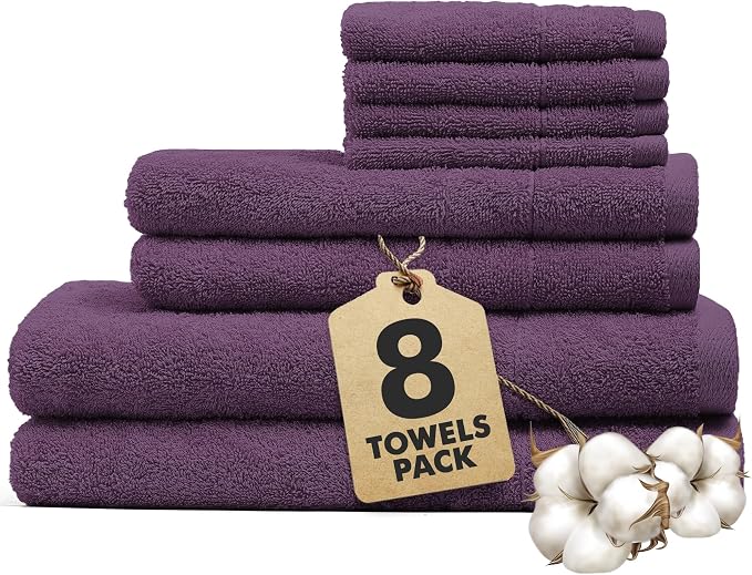 Bath Towels Set of 8 – 100% Cotton (Dark Purple) Bathroom Towel Set Bale Includes 2 Bath, 2 Hand, 4 Face Towels – Soft, Absorbent & Quick Dry Towel for Bathroom, Spa, Kitchen, Hotel Use