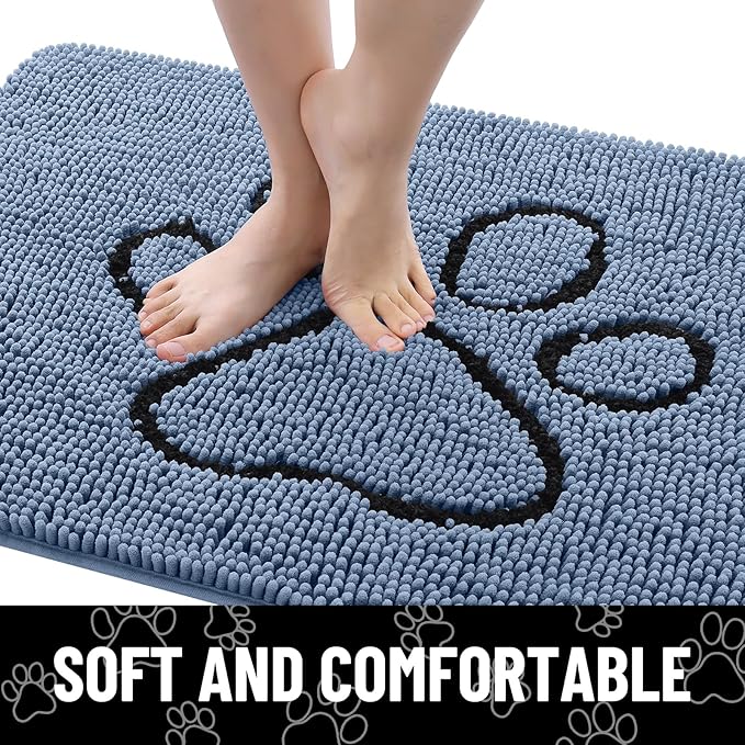 Smiry Dog Door Mat for Muddy Paws, Absorbent Dirt Trapper Non Slip Quick Dry Washable Chenille Mat for Mud Dogs, Entry Rug for Indoor and Outdoor (71x46 Inches, Airy Blue and Black)
