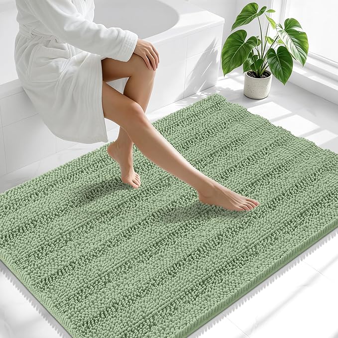 Smiry Thick Chenille Large Bathroom Rugs 44x32, Extra Soft Absorbent Striped Bath Mat, Machine Washable, Rubber Backing, Bath Rugs for Bathroom, Tub & Shower, Home Decor Accessories, Sage Green