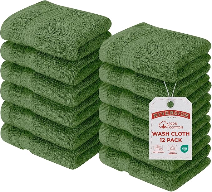 RIVERSIDE 12-Pack Premium 100% Cotton Sage Green Face Towels for Bathroom [12x12] - Reusable Luxury Face Wash Cloths for Showering - 550 GSM Super Soft & Absorbent Washcloths for Body, Spa & Gym