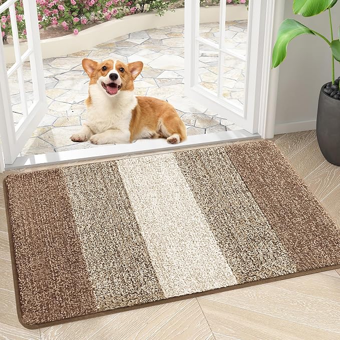 Smiry Dog Door Mat for Muddy Paws, Absorbs Moisture and Dirt, Low-Profile Entryway Mat with Non-Slip Backing, Entry Indoor Outdoor Doormat for Inside Floor (34x21 Inches, Khaki, Striped)