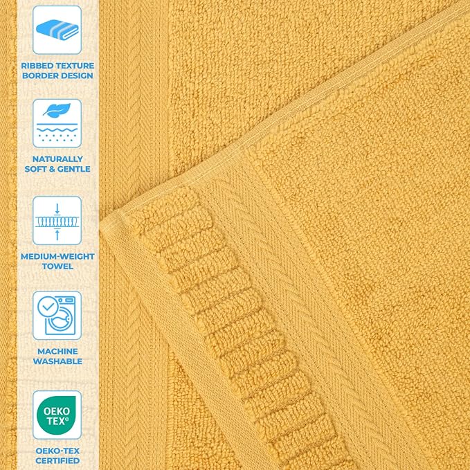 Superior Venice Zero Twist Cotton Medium Weight Small Towels, for Kitchen, Bathroom, Shower, Spa, Plush Essentials, Ribbed Textured Border, Face Towels Washcloths, Set of 12, Gold