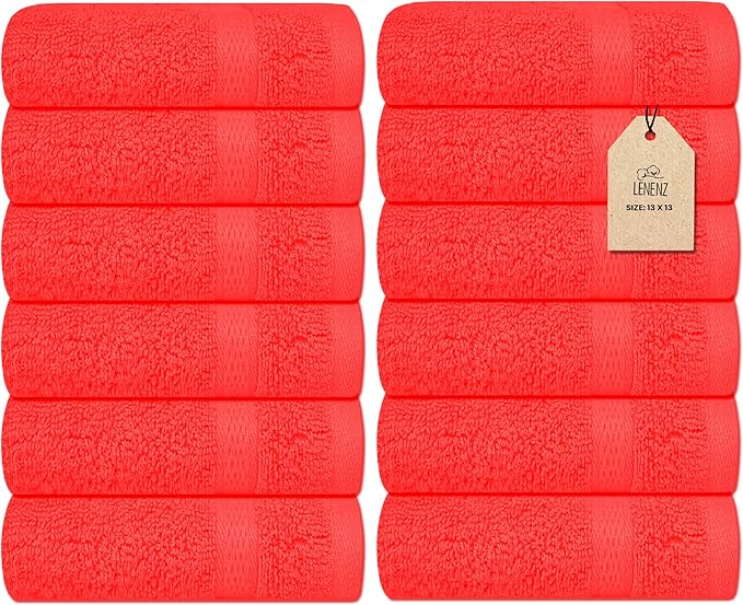 Soft Wash Cloths - 12 Pack Plush and Absorbent Cotton Washcloths for Face, Body, and Baby - Multi-Purpose, Quick-Dry Wash Cloths Set 13x13'' (Red)