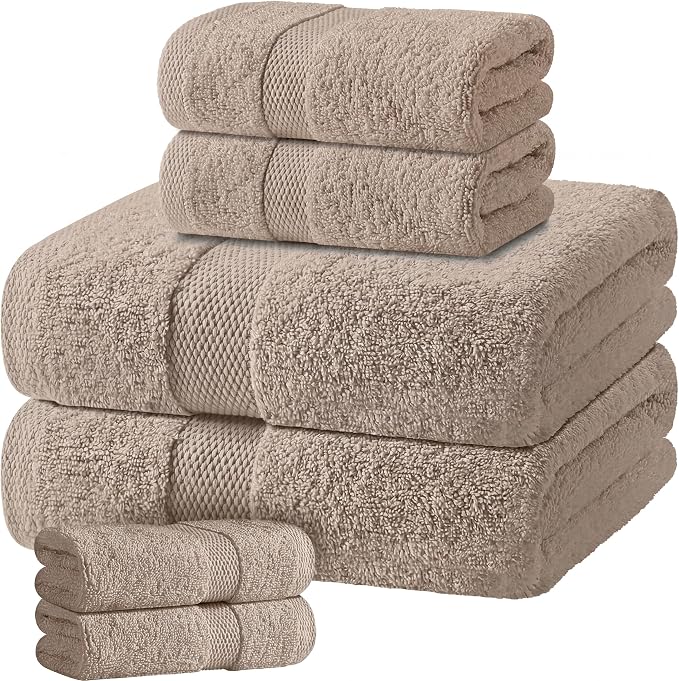 White Classic Taupe Bath Towel Set of 6-100% Cotton Highly Absorbent Towels for Bathroom, 2 Luxury Bath Towels 650GSM, 2 Hand Towels, 2 Washcloths