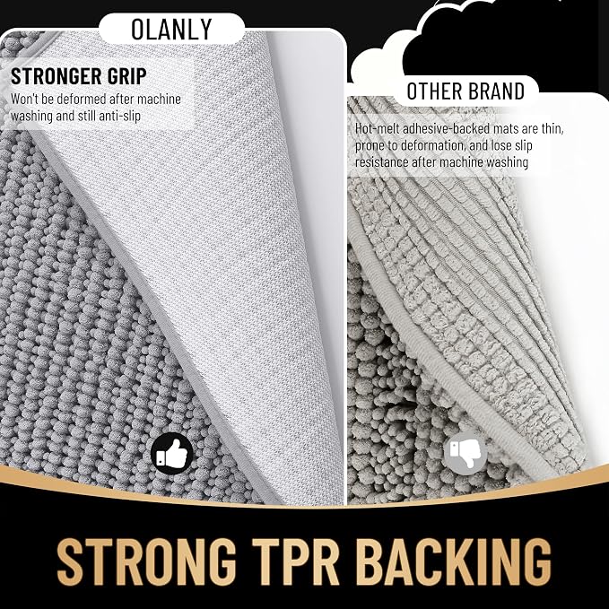 OLANLY Thick Bathroom Rugs 30x20, Extra Soft Absorbent Chenille Bath Rugs, Rubber Backing, Machine Wash Dry, Bath Mats for Bathroom Floor, Tub and Shower, Home Decor Accessories, Grey