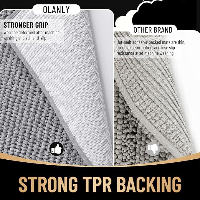 OLANLY Thick Small Bathroom Rugs 24x16, Extra Soft Absorbent Chenille Bath Rugs, Rubber Backing, Machine Wash Dry, Bath Mats for Bathroom Floor, Tub and Shower, Home Decor Accessories, Grey