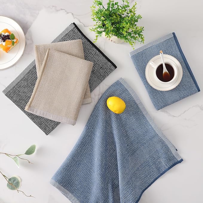 Mordimy Premium Kitchen Towels 6 Pack (18 x 28 Inches, Navy Blue/Khaki/Black), Large Cotton Flat & Terry Kitchen Hand Towel, Super Absorbent Tea Dishtowels Set with Hanging Loop