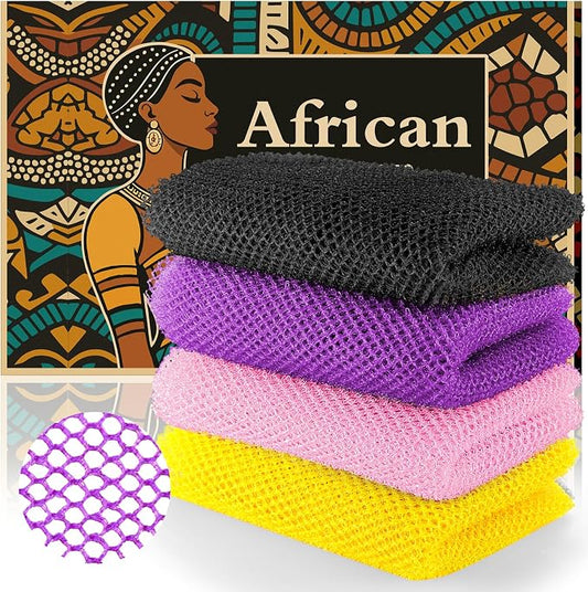 African Net Sponge Set (4PCS) -Premium Exfoliating Bath Scrubber for Face/Body, Travel-Friendly, Durable & Soft Exfoliation(Yellow,Pink,Purple,Black)