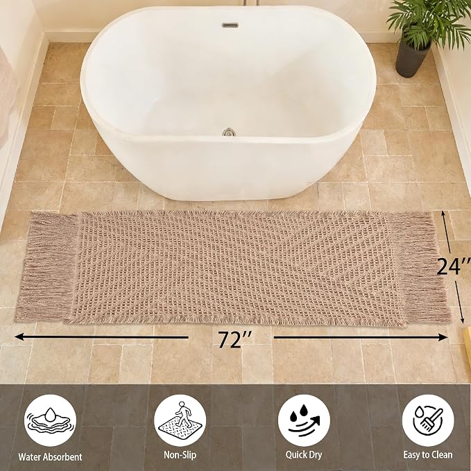 Waffle Runner Rug Non Slip, Boho Bath Mat, Super Absorbent Quick Dry Long Bath Runner Bathroom, Soft Farmhouse Bath Rug with Tassels, Washable Shower Mats for Floor 24"x72", Tassels Brown