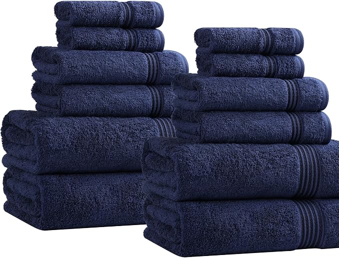 Superior Egyptian Cotton 12-Piece Towel Set, Assorted Towels for Home Bathroom, Master, Guest Bath, Decor Essentials, 4 Bath, 4 Hand, 4 Face Towels/Washcloths, Quick Dry, Absorbent, Navy Blue