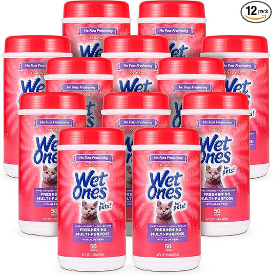 Wet Ones for Pets Freshening Multipurpose Wipes for Cats with Aloe Vera, Fresh Scent - Easy to Use Cat Cleaning Wipes for Pet Grooming in Canister, 50 Count - 12 Pack