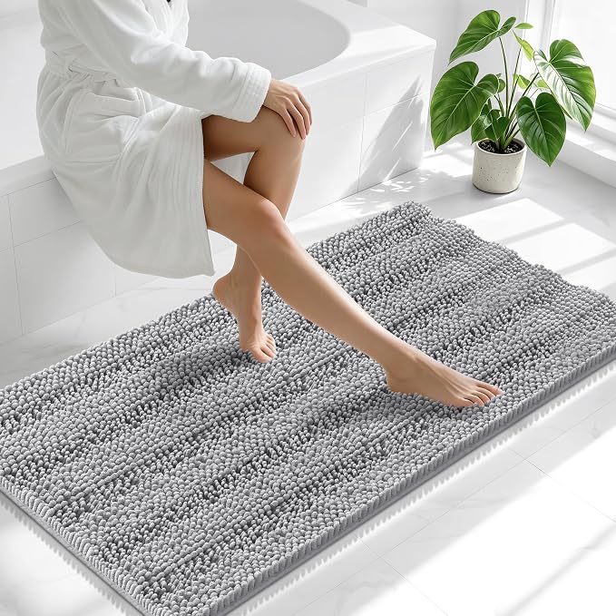 Smiry Thick Chenille Bathroom Runner Rugs 47x24, Extra Absorbent Striped Bath Mat, Machine Washable, Rubber Backing, Long Bath Rugs for Tub & Shower, Modern Home Decor Accessories, Grey