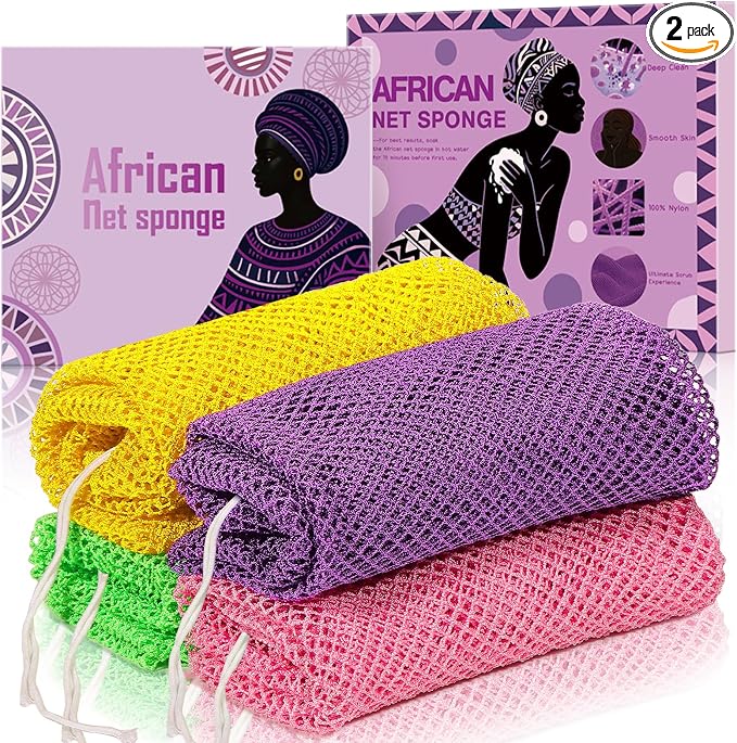 4 Pieces Real African Net Sponge – Exfoliating for Smooth & Glowing Skin – Long-Lasting Nylon Mesh, Quick-Dry for Daily Shower Use (Yellow, Pink, Purple, Green)