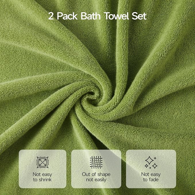 ecolook 2 Pack 100% Cotton Bath Towels, 28 x 55 Inches, Soft | Lightweight, Highly Absorbent & Quick Dry Body Towels for Bathroom, Shower, Gym & Daily Use, Green