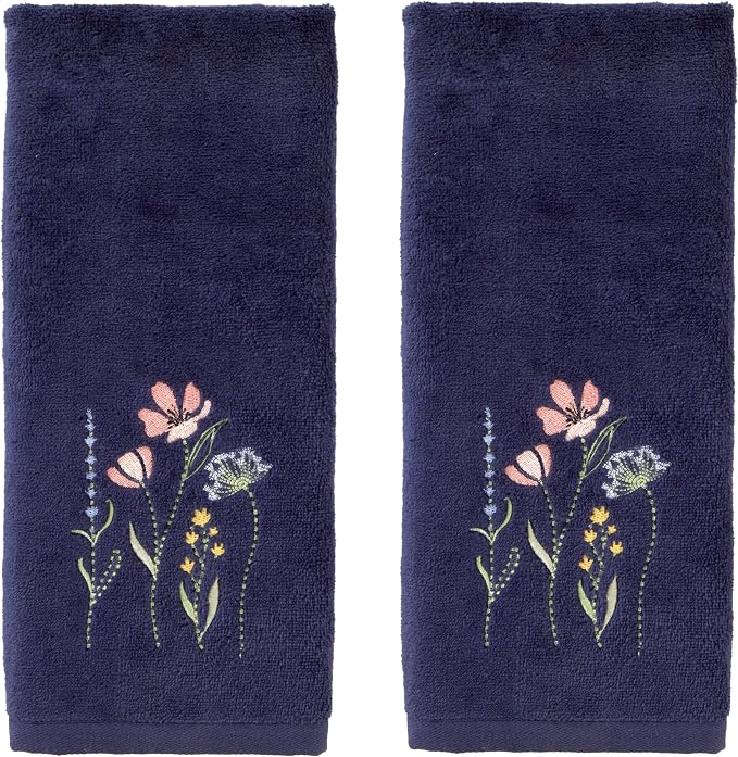 SKL Home Wildflower Field 100% Cotton Embroidered 2pc Hand Towel Set, Decorative for Bath/Kitchen/Bar & Gift, Navy
