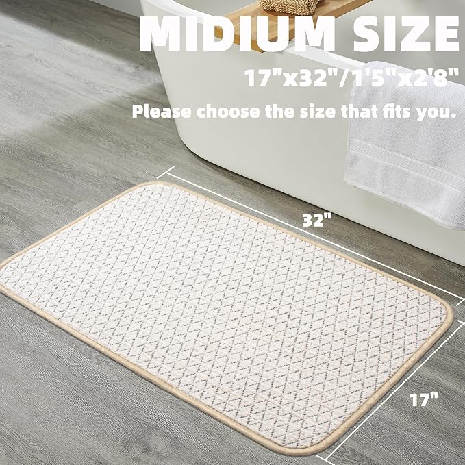 Non Slip Bathroom Rugs with Rubber Backing Super Absorbent Quick Dry Bath Mat Soft Braided Ultra Thin Shower Mat Fit Under Door Floor Bathtub, Easy Care, Machine Washable, 17"x 32", White