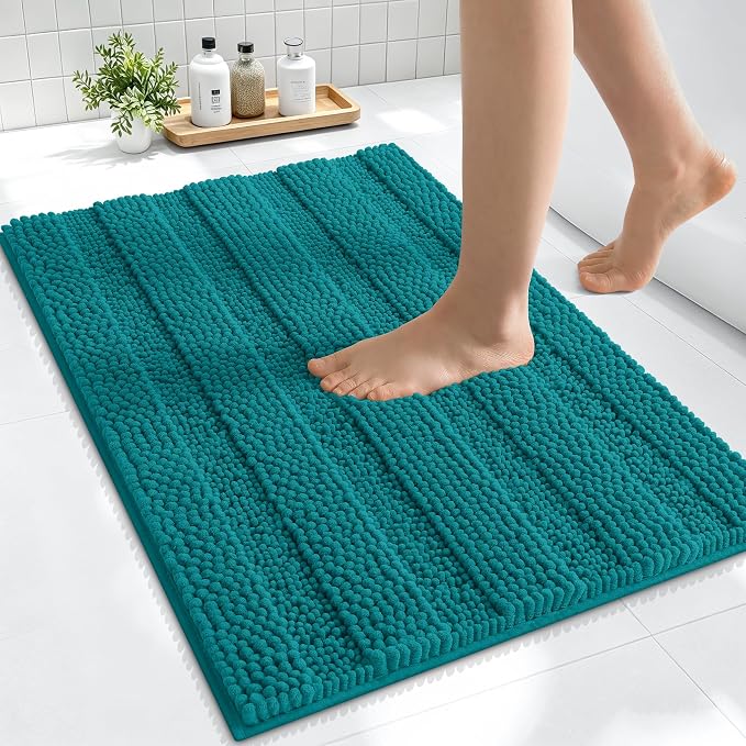 Smiry Thick Small Chenille Bathroom Rugs 24x16, Extra Absorbent Striped Bath Mat, Machine Washable, Rubber Backing, Bath Rugs for Bathroom, Tub & Shower, Modern Home Decor Accessories, Deep Lake