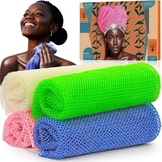4 Pieces African Net Sponge – Premium African Net Sponge for Deep Exfoliation Quick-Dry and Reusable Mesh for Smooth Skin（Black Blue White Pink）
