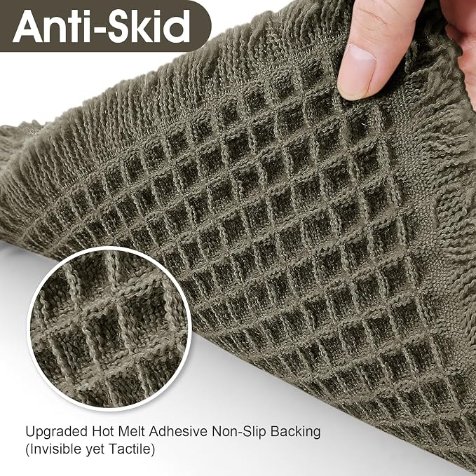 Extra Large Waffle Bath Mat, 5'x2' Greyish Green, Super Absorbent Non-Slip Quick Dry Bathroom Rugs with Tassels, Machine Washable Ultra Soft Boho Bath Rugs for Floor, Toilet Mats Boho Farmhouse Decor