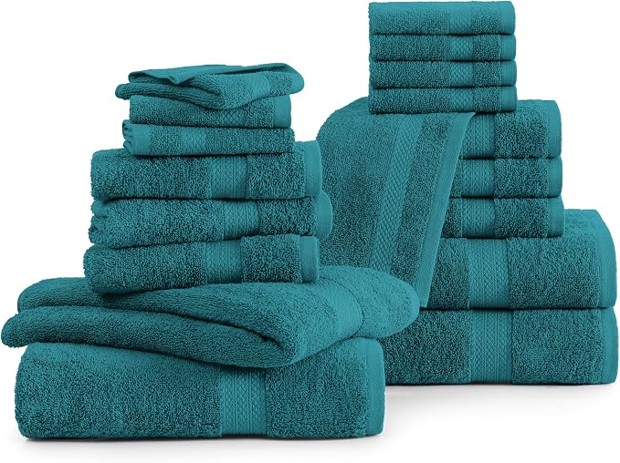 LANE LINEN 100% Cotton Bathroom Towels Set - 18 Piece - Super Soft, Quick Dry & Highly Absorbent - 4 Bath, 8 Washcloth, 6 Hand Towels - Premium Hotel Quality, Ideal for Spa & Salons - Seaport Blue