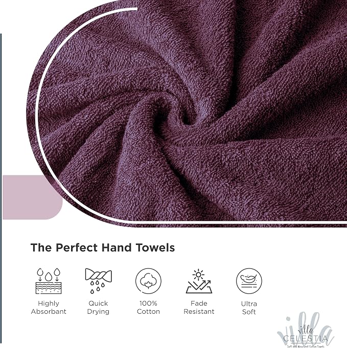 Villa Celestia 24-Piece 100% Cotton Towel Set, 6 Bath Towels, 6 Hand Towels, 12 Wash Cloth, Quick-Dry, Burgandy