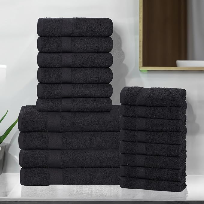 Superior 18-Piece Cotton Assorted Towel Set, Includes 8 Face Towel, 6 Hand, and 4 Bath Towels, Home, Bathroom, Guest Bath Essentials, Quick Dry, Absorbent, Franklin Collection - Black