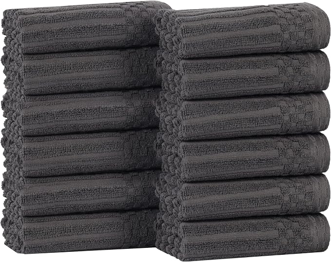 Superior Cotton Face Towel/Washcloth Set of 12, Daily Use for Bathroom, Guest Bath, Quick Dry Small Towels, Face, Hand, Gym, Spa, Hotel, Absorbent, Essentials, Ribbed, Soho Collection, Charcoal