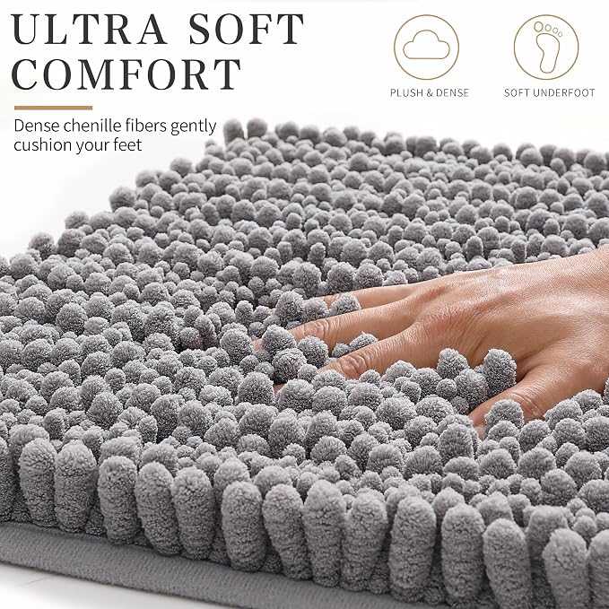 Yimobra Bathroom Rugs Non-Slip Washable – Extra Soft & Absorbent Chenille Bath Mat, Quick-Dry Plush Shaggy Floor & Vanity Bath Rugs for Tub & Shower, Modern Home Decor Accessories, 24 x 17, Grey