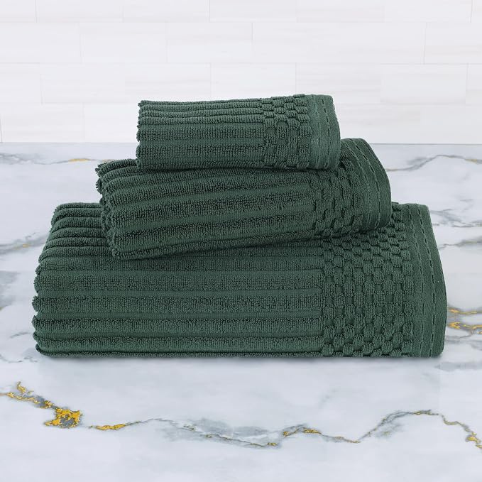 Superior 3 Piece Cotton Towel Set, Includes 1 Bath Towel, 1 Hand Towel, 1 Face Towel/Washcloth, Daily Use for Bathroom, Guest Bath, Ribbed, Absorbent, Home Essentials, Soho Collection, Forest Green
