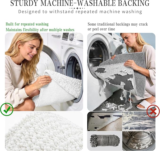 Yimobra Bathroom Rugs Non Slip Washable - Ultra Soft Absorbent Chenille Bath Mat, Quick Dry Shaggy Floor Carpet for Tub Shower, White Home Decor Accessories, 24x17 Inch