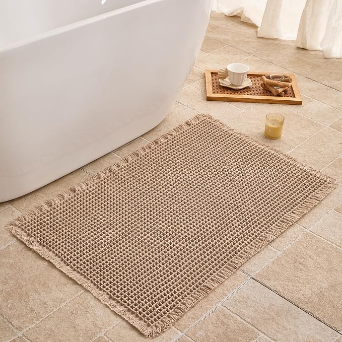 Waffle Bath Mat Non Slip, Boho Bathroom Rug, Super Absorbent Quick Dry Bathroom Mat, Soft Farmhouse Bath Rug with Tassels, Small Washable Shower Mats for Floor 20"x32", Brown
