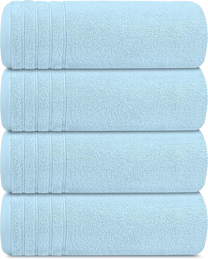 Tens Towels Pack of 4 Extra Large Bath Towels 30 x 60 Inches, 100% Cotton, Larger & Lighter Weight, Quicker to Dry, Super Soft and Absorbent, Perfect for Bathroom, Sky Blue