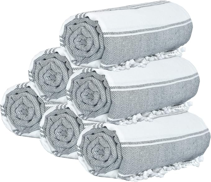 GLAMBURG Peshtemal Turkish Towel - Beach Towels Oversized 36x71 Set of 6, Soft Durable Absorbent Extra Large Bath Sheet Hammam Towel for Adults - Charcoal Grey